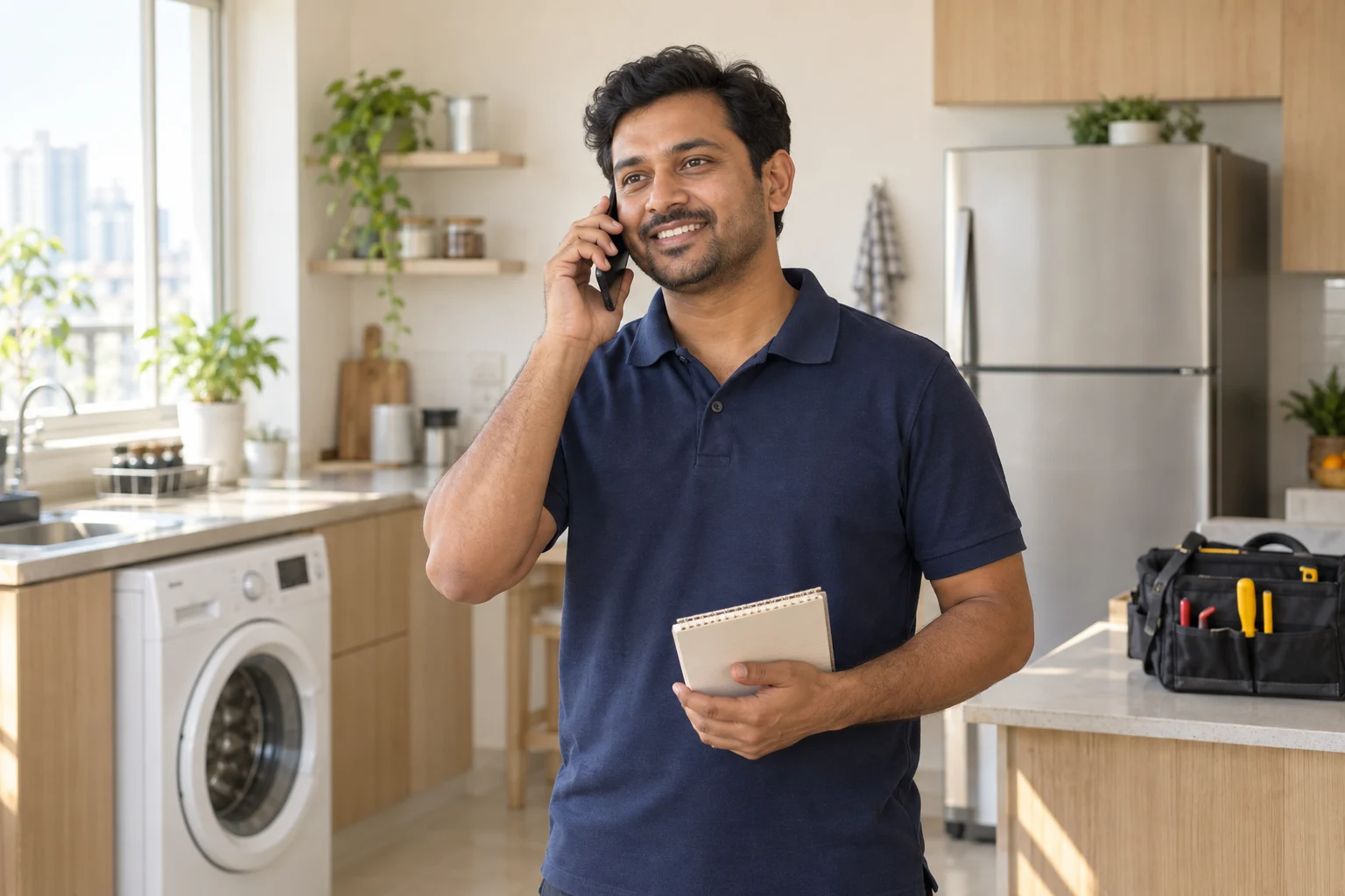 Illustrative photograph of an appliance technician arranging a home visit by phone