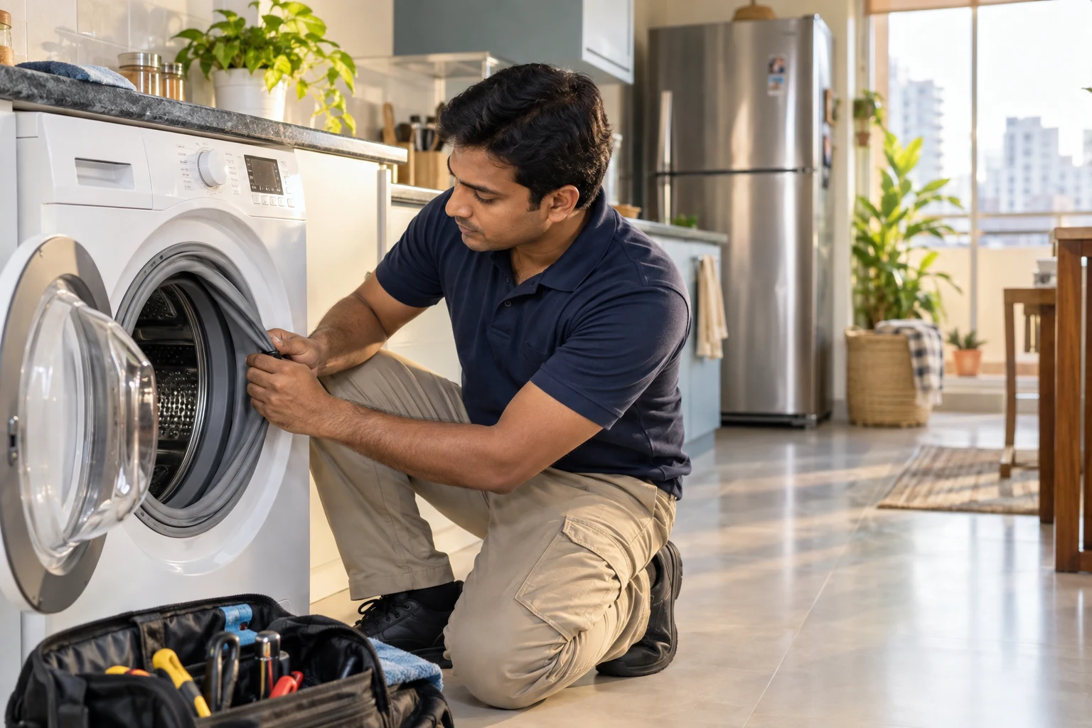 Illustrative photograph of a technician inspecting a washing machine in a bright home