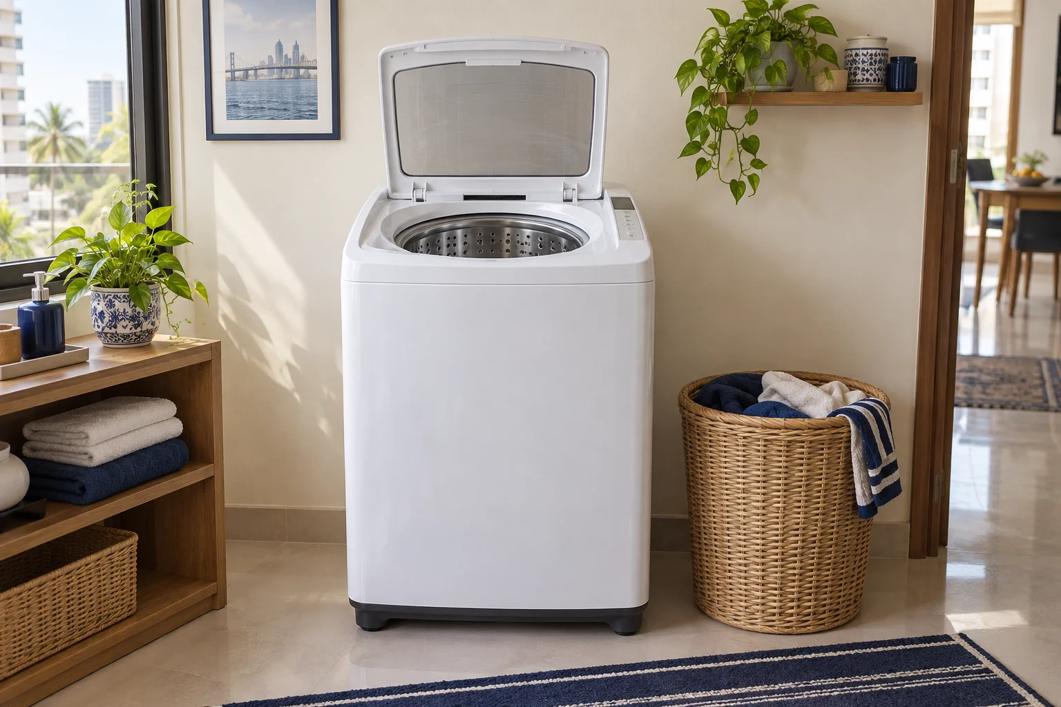 Top-loading washing machine in a bright laundry room